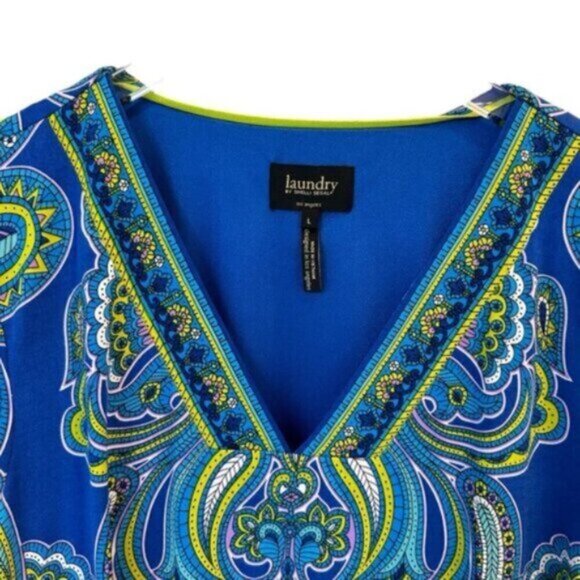 Laundry by Shelli Segal | Blue Green Paisley Lined V Neck Shift Dress Size Large - Picture 3 of 10